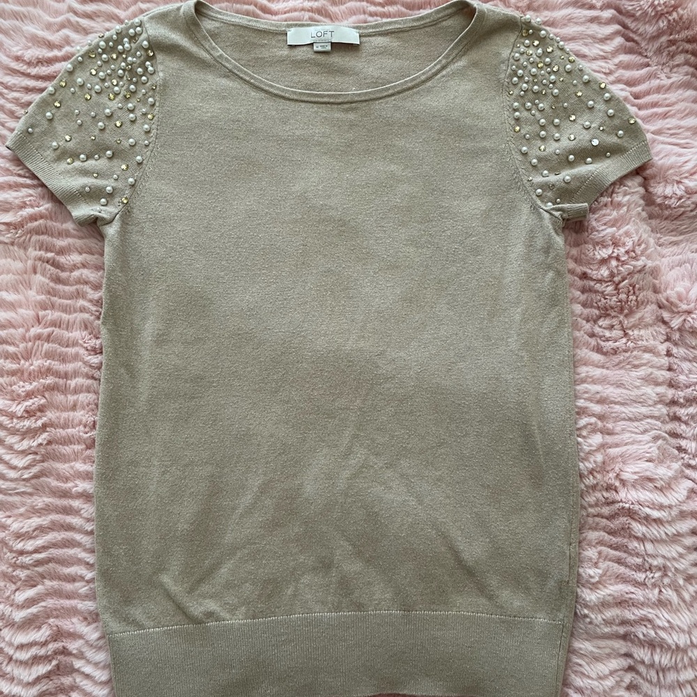 LOFT Beige Knit Top with Pearl Details